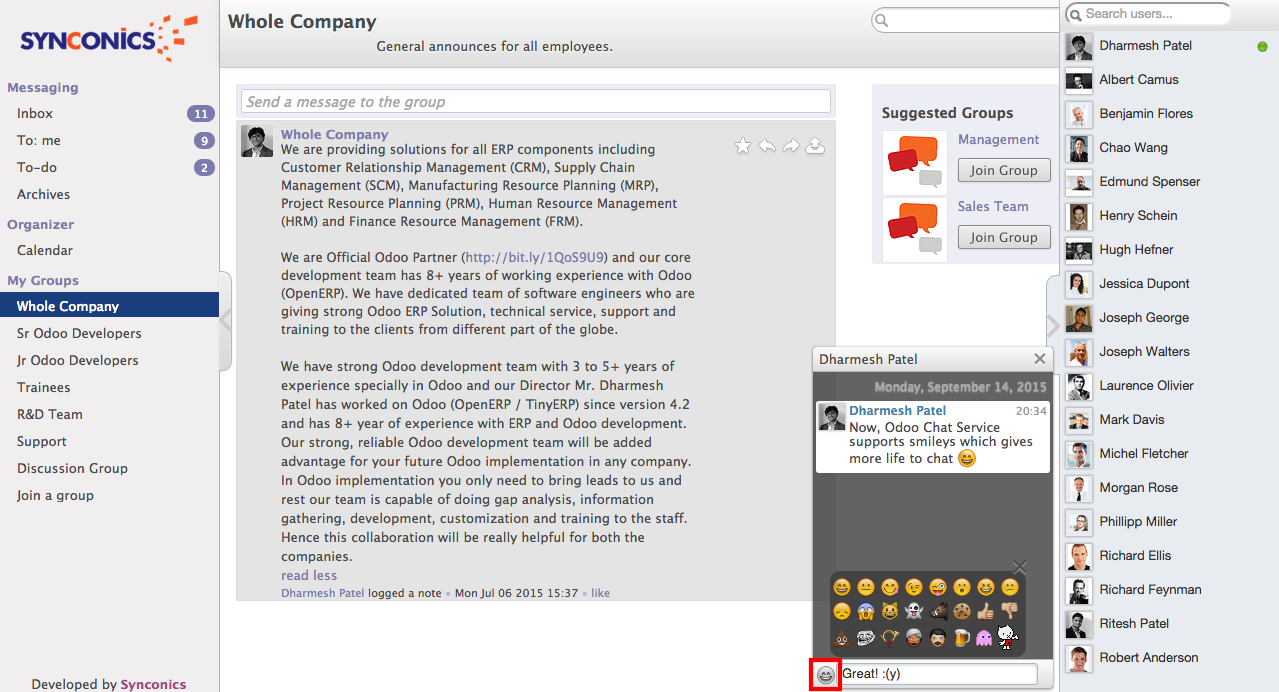 odoo chat with smileys
