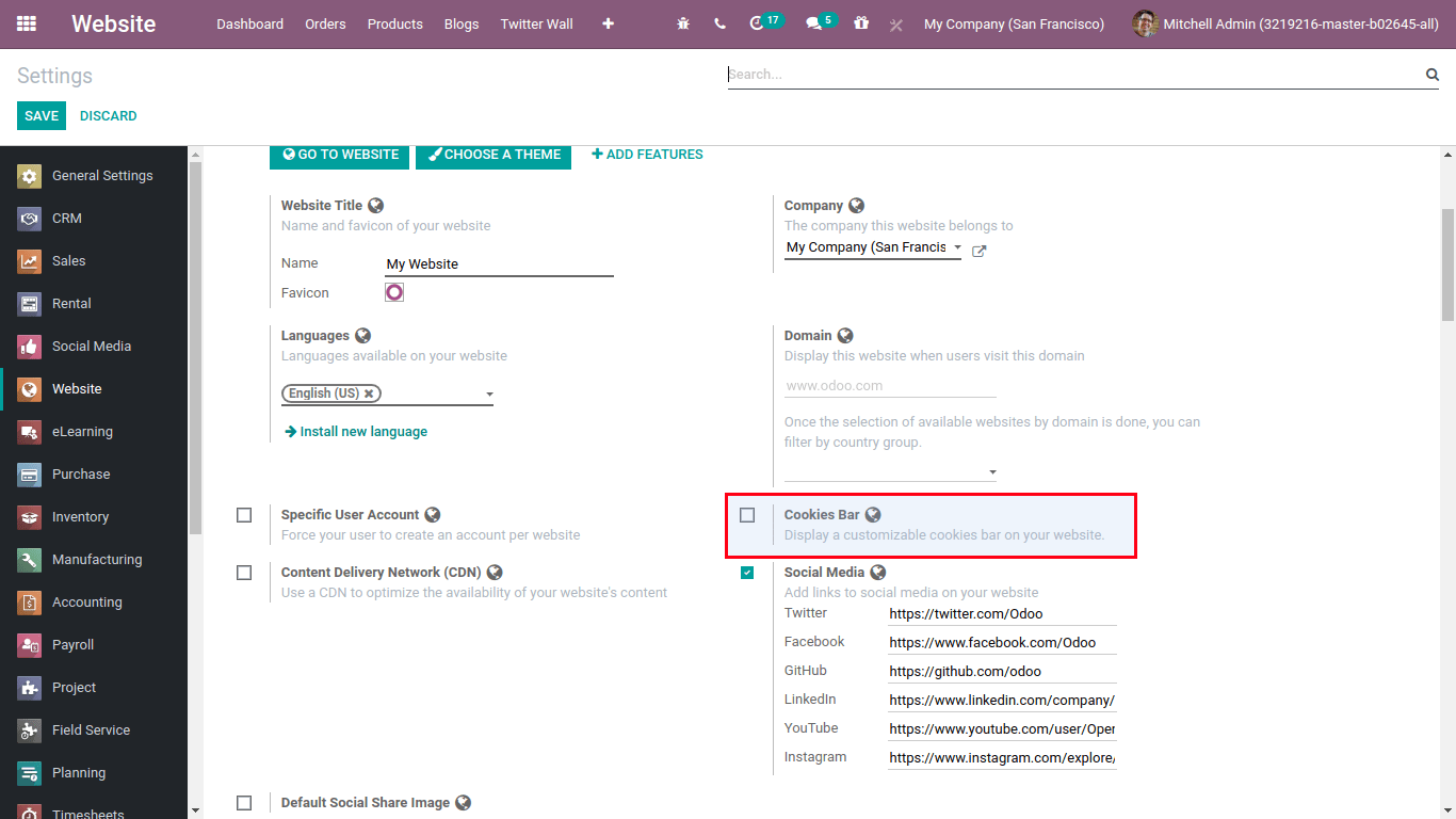 website setting in odoo