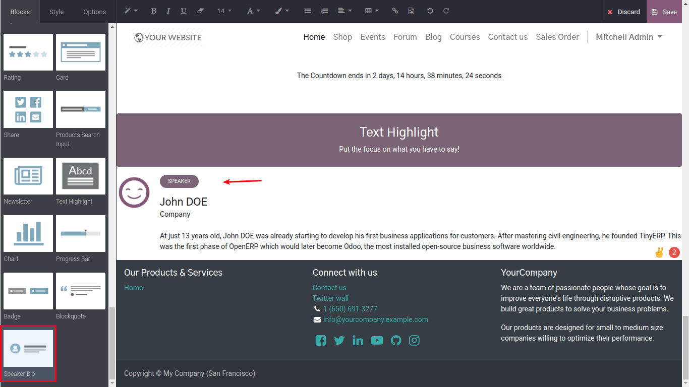 Speaker Bio in odoo website