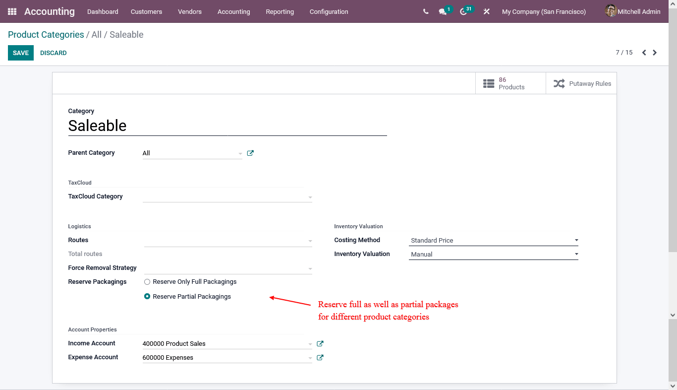 product category in accounting odoo 15